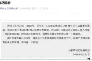 蓉城官方：一观众赛前突发晕倒，经医院全力抢救无效，不幸离世