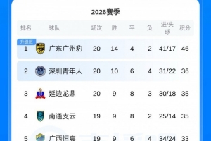 中甲积分榜：广州豹10分优势领跑，深圳青年人等4队争第2
