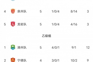 闽超积分榜：厦门队轮空仍排甲组第一 福州第二 漳州排乙组第一