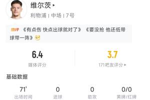 表现平平！维尔茨首发71分钟被换，15次丢球传球成功率70%评分6.4