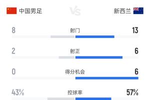 国足vs新西兰全场数据：国足8射2正0得分机会 新西兰13射6正进3球