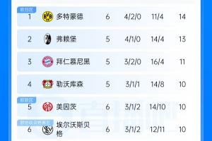 德甲积分榜：多特先赛1分领跑 埃尔沃斯贝格跻身前6 拜仁即将出战